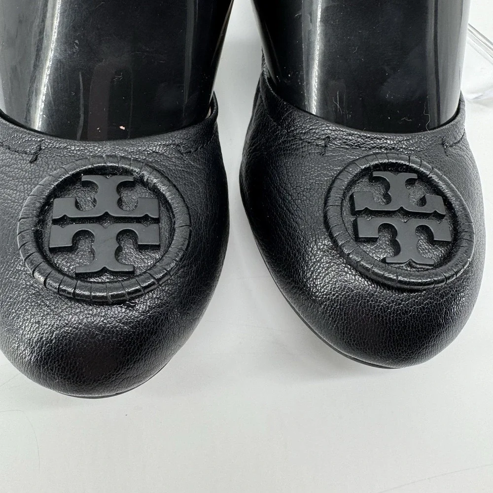 Tory Burch Reva Ballet Flats Black Leather Logo Medallion Women's 7.5 Classic